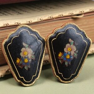 Cloisonne Enamel Flower Antique Vintage Earrings Small Stud Black Gold Frame